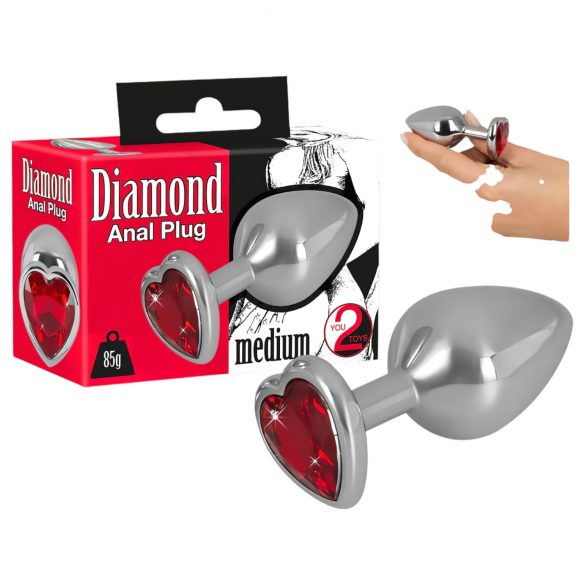 You2Toys - Diamond - Butt plug anal din aluminiu de 85g (argintiu-roșu)