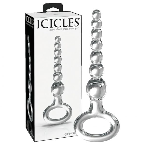 Icicles No. 67 - dildo din sticlă cu bile și inel de prindere (transparent)