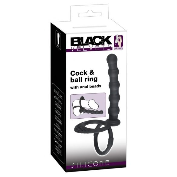 Black Velvet - inel pentru penis și testicule cu dildo anal (negru) 