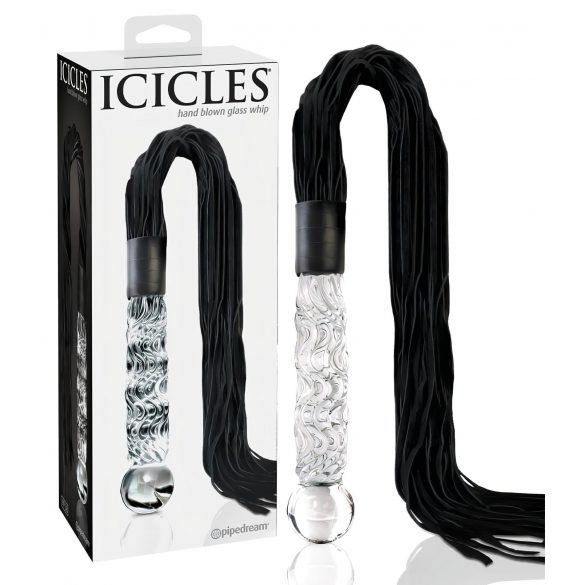 Icicles No. 38 - dildo de sticlă cu bici din piele (transparent-negru) 