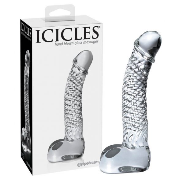 Dildou din sticlă, penis cu testicule, transparent - Icicles Nr. 61 