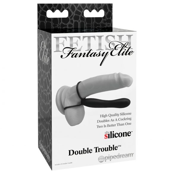 Fetish Double Trouble - Inel dublu pentru penis și dildo anal (negru)