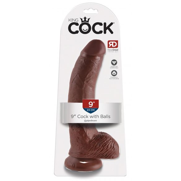 King Cock 9 - dildo cu ventuză și testicule, mare (23cm) - maro 