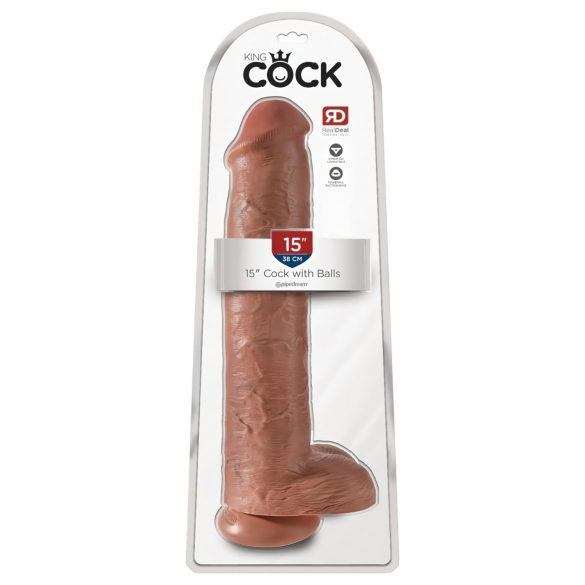 King Cock 15 - dildo gigant cu ventuză și testicule (38cm) - culoare închis natural