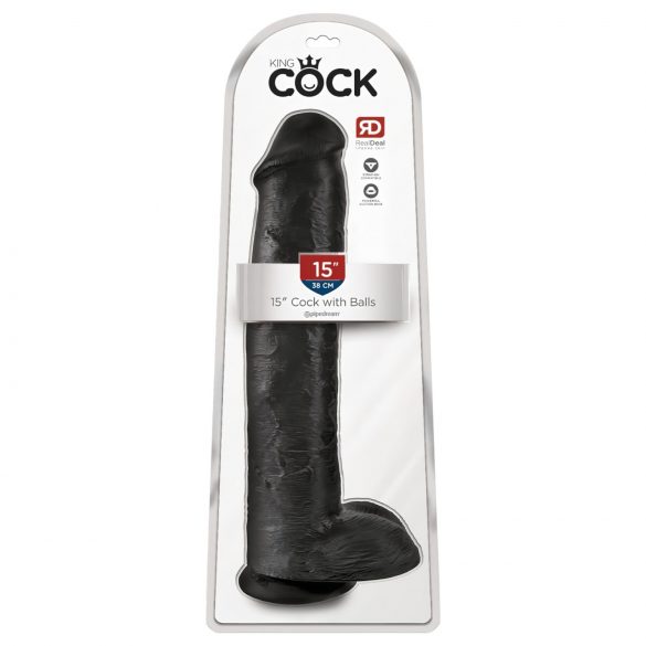 King Cock 15 - dildo cu bază cu ventuză și testicule (38 cm) - negru