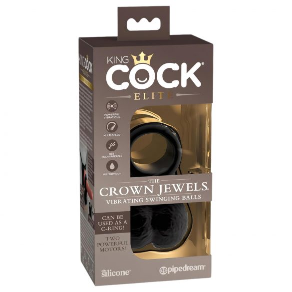 Elite Crown Jewels - inel vibratoare pentru penis cu testicule oscilante (negru) 