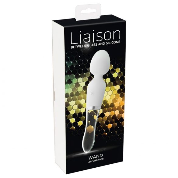 Baghetă Liaison - vibrator cu LED din silicon și sticlă, cu acumulator (transparent-alb)