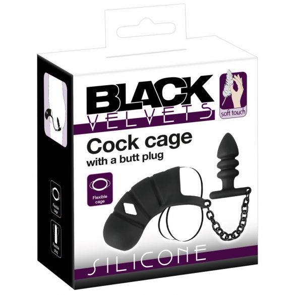 Cage de penis din silicon Black Velvet cu dildo anal (negru) 