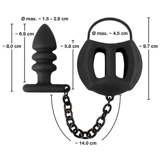 Black Velvet - cușcă de silicon pentru testicule cu dildo anal (negru)
