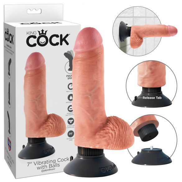 Vibrator King Cock 7 flexibil cu ventuză și testicule (18 cm) - natural 