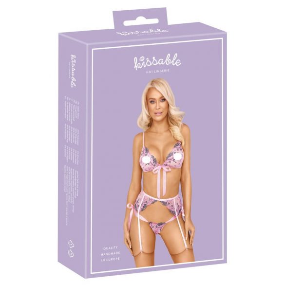 Set de lenjerie Kissable cu broderie de trandafiri (roz)  - L/XL