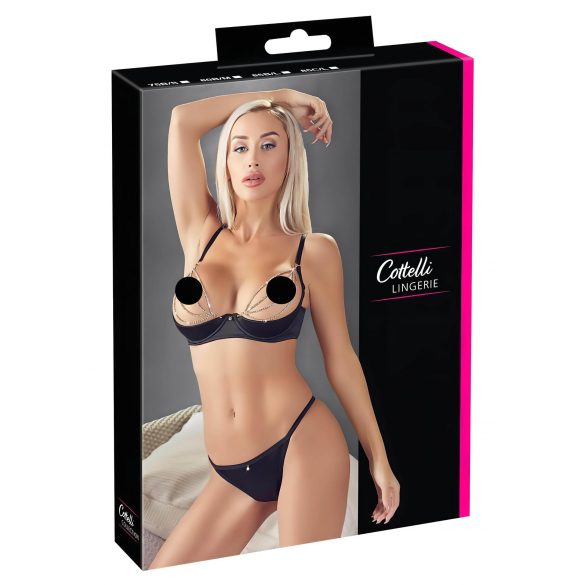 Cottelli - Set satinat cu lanțuri și strasuri pentru susținere bust (negru)