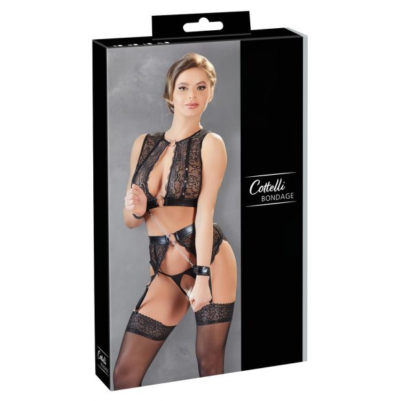 Cottelli Bondage - set de lenjerie cu dungi lucioase și dantelă (4 piese) 