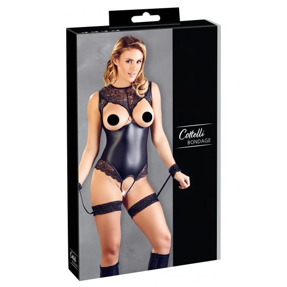 Cottelli Bondage - body deschis lucios cu fixare pentru mâini (negru)  - L