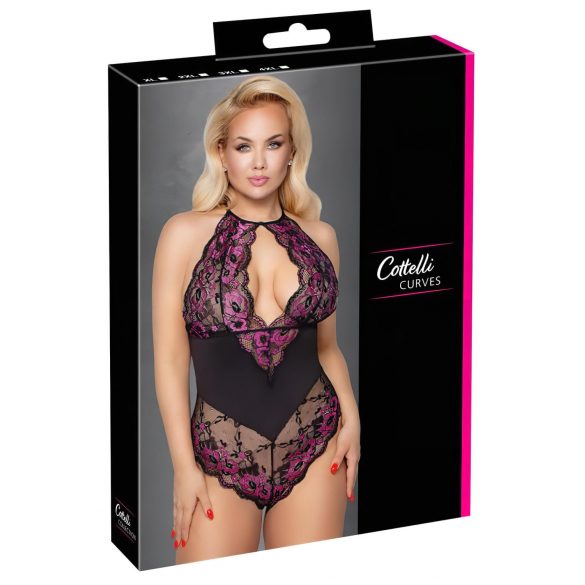 Cottelli Plus Size - body cu flori (negru-violet) - 2XL