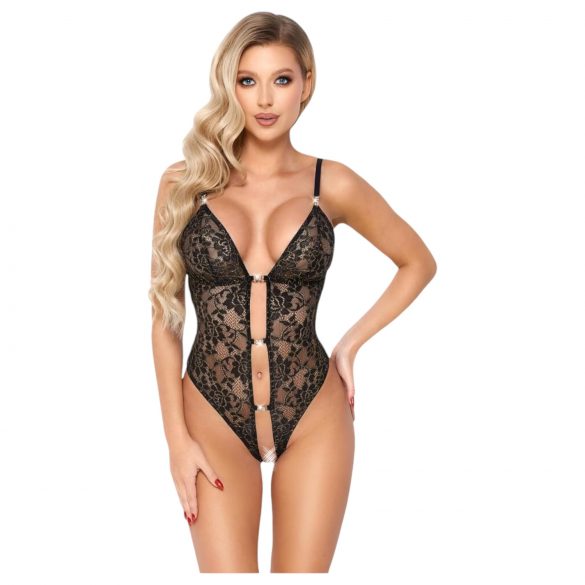 Abierta Fina - body deschis, din dantelă cu pietre strass (negru-auriu) - XL