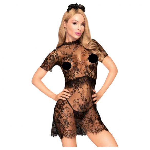 Rochie dantelă Poison Cookie, tanga și accesoriu de păr (negru)  - M/L