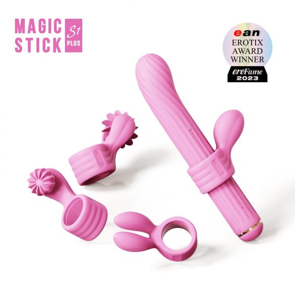 Baghetă Magică - vibrator cu braț clitoridian schimbabil (roz) 